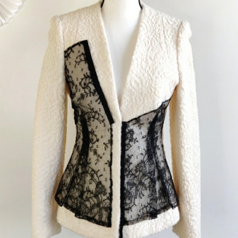 Prabal Gurung Silk Cream/Ivory Black Lace Jacket